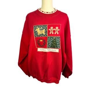 Northern Treasures Womens XL Red Sweatshirt Ugly Christmas reindeer gingerbread